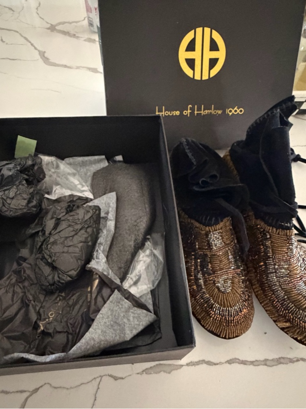 House of Harlow 1960 Beaded Moccasins in Black and Bronze